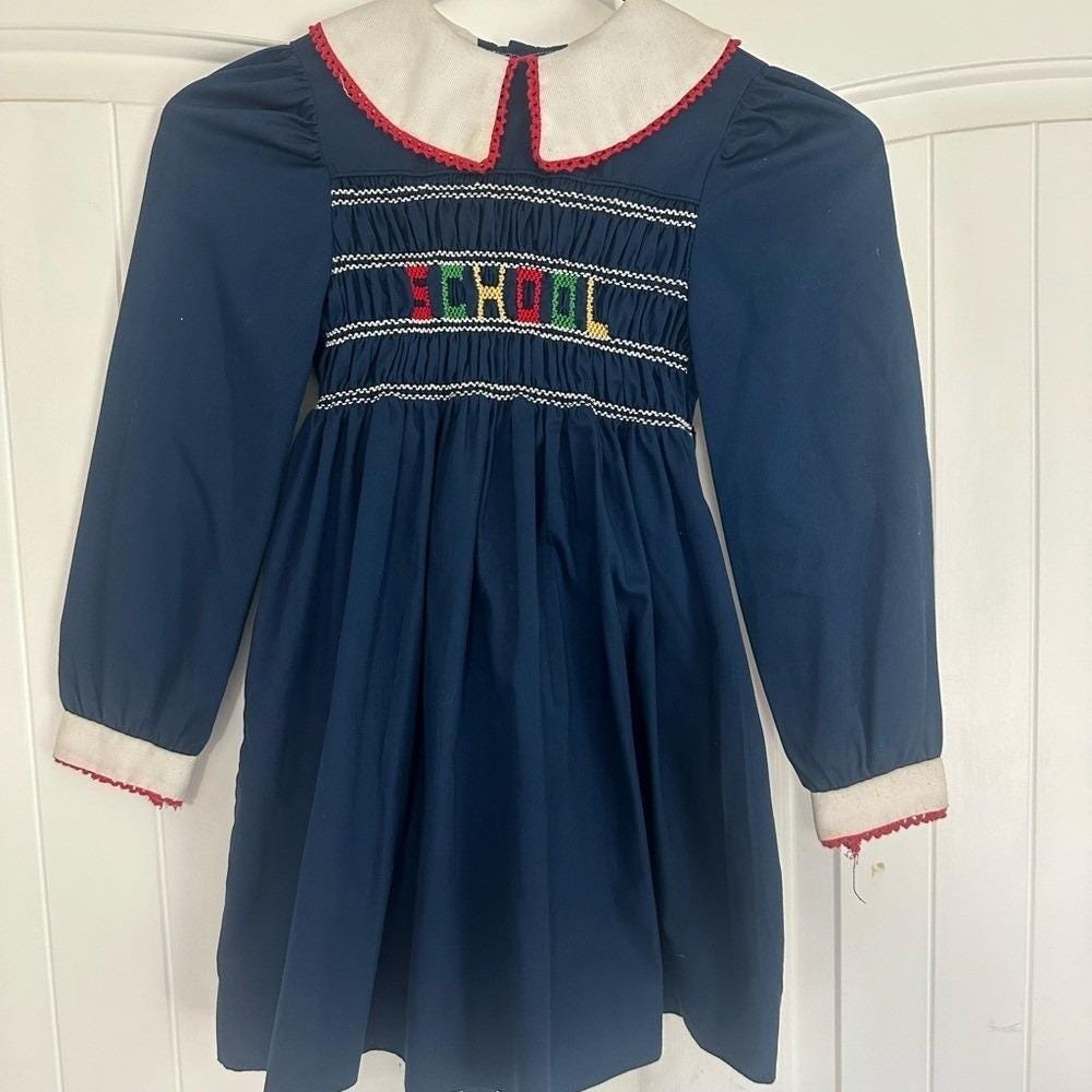 Vintsge Polly Flinders School Navy Blue Kids Dress with Embroidered Detail
